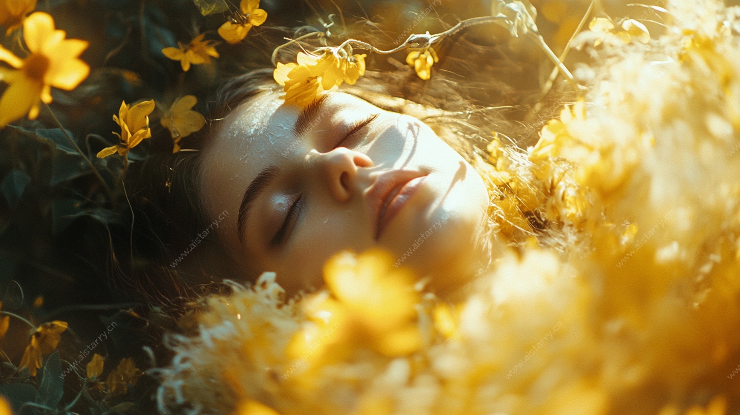 花丛中休憩的梦幻女子