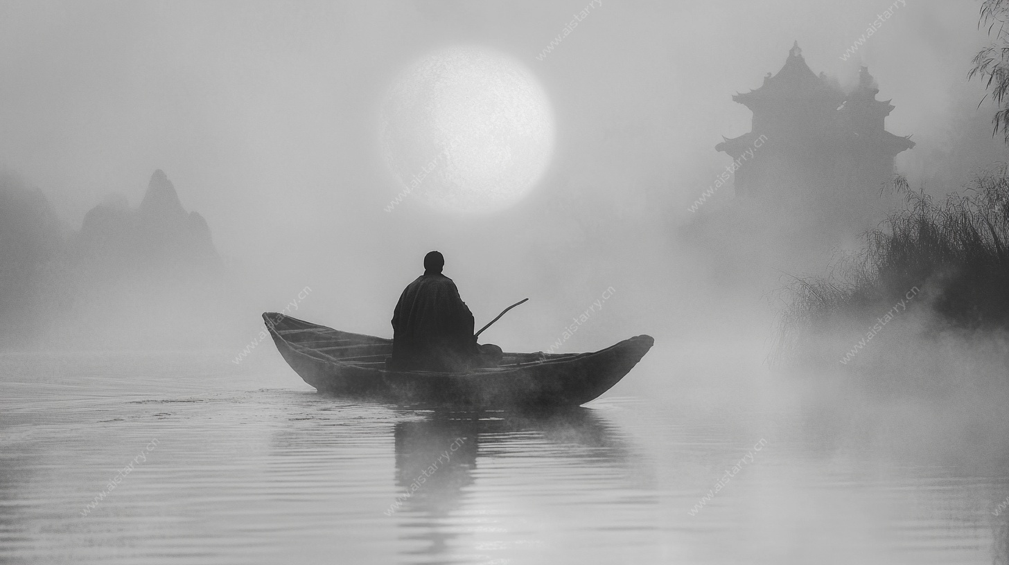 雾中孤舟独钓图