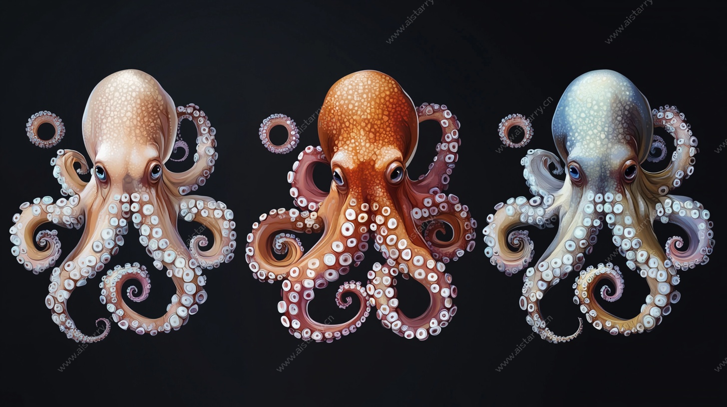 三只多彩章鱼艺术插画