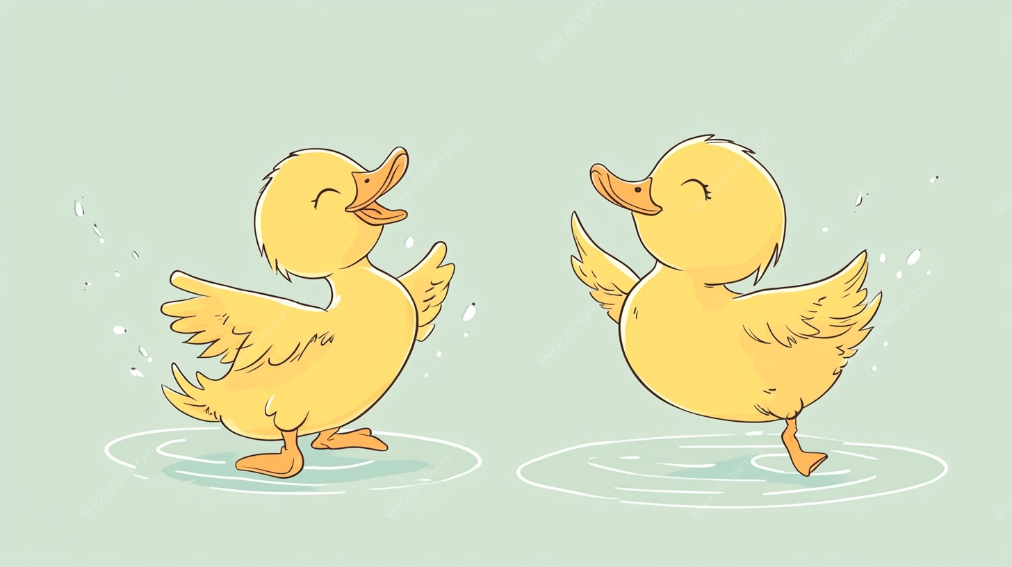 两只小黄鸭欢乐戏水图