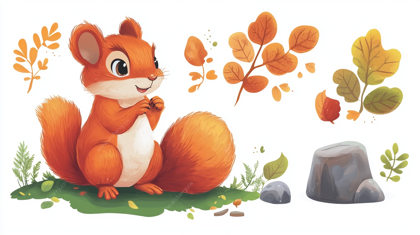 可爱松鼠与秋叶插画元素