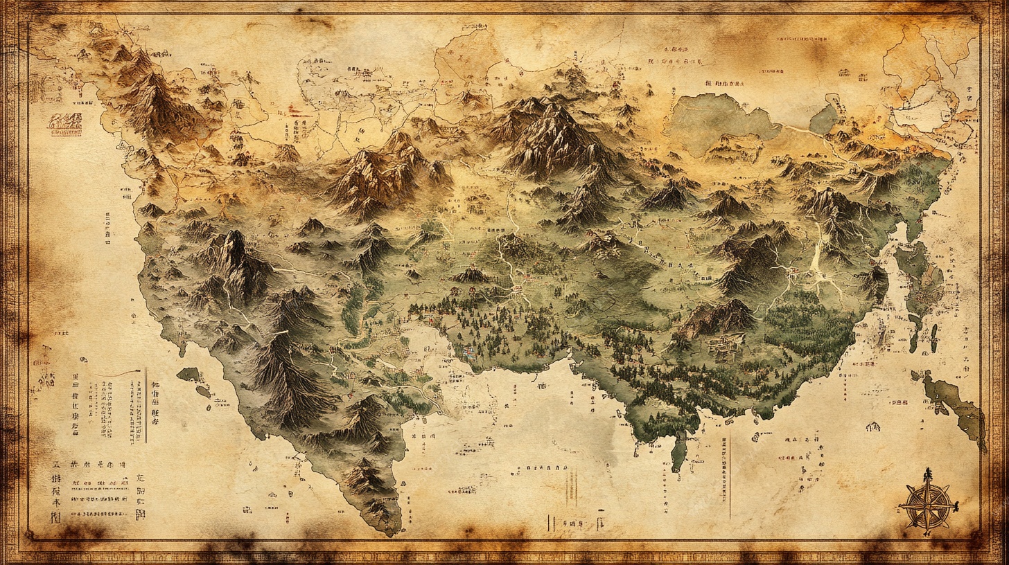 复古亚洲地形图