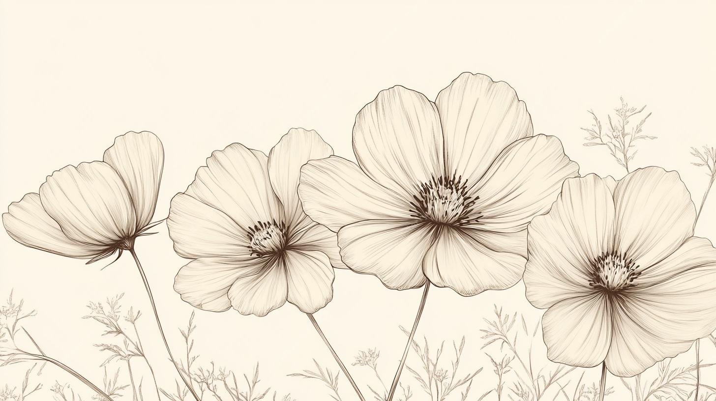 手绘线条波斯菊花卉图