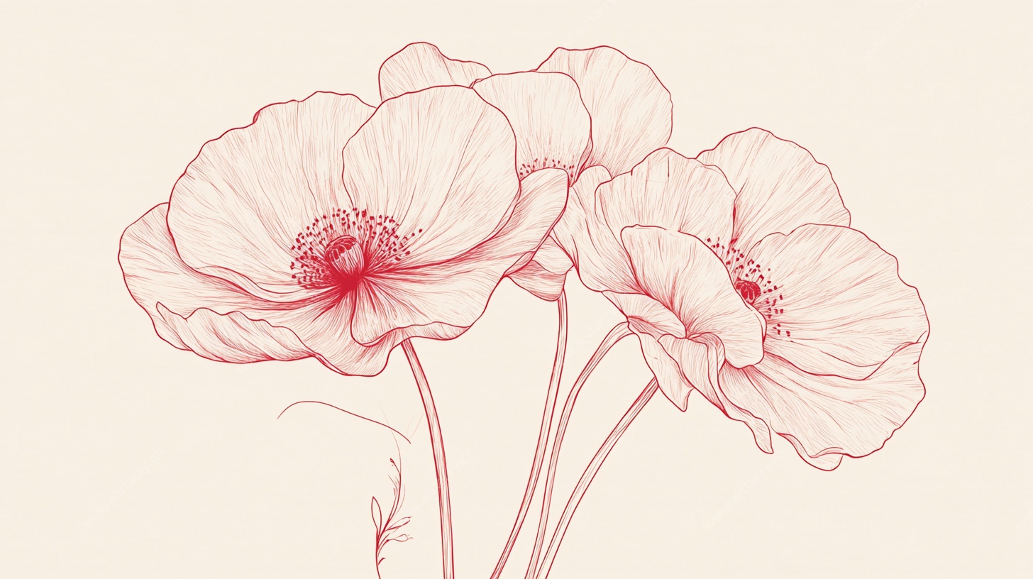 手绘罂粟花线条插画