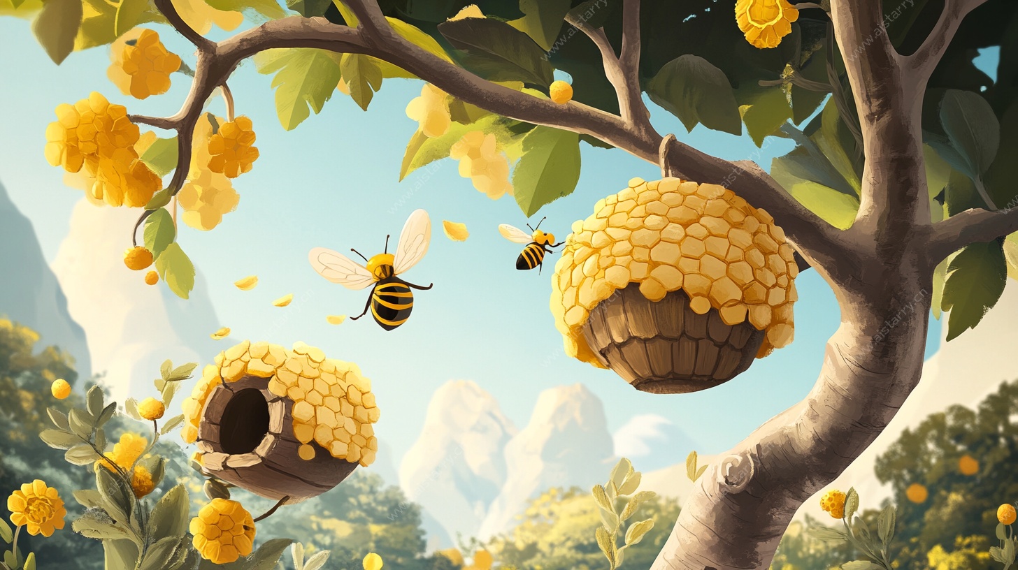 蜜蜂与蜂巢的梦幻田园景