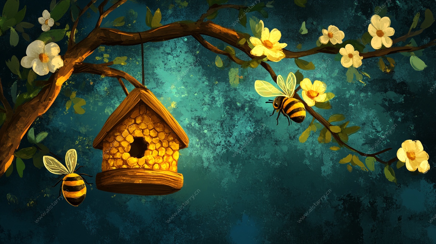 梦幻树间蜂巢插画