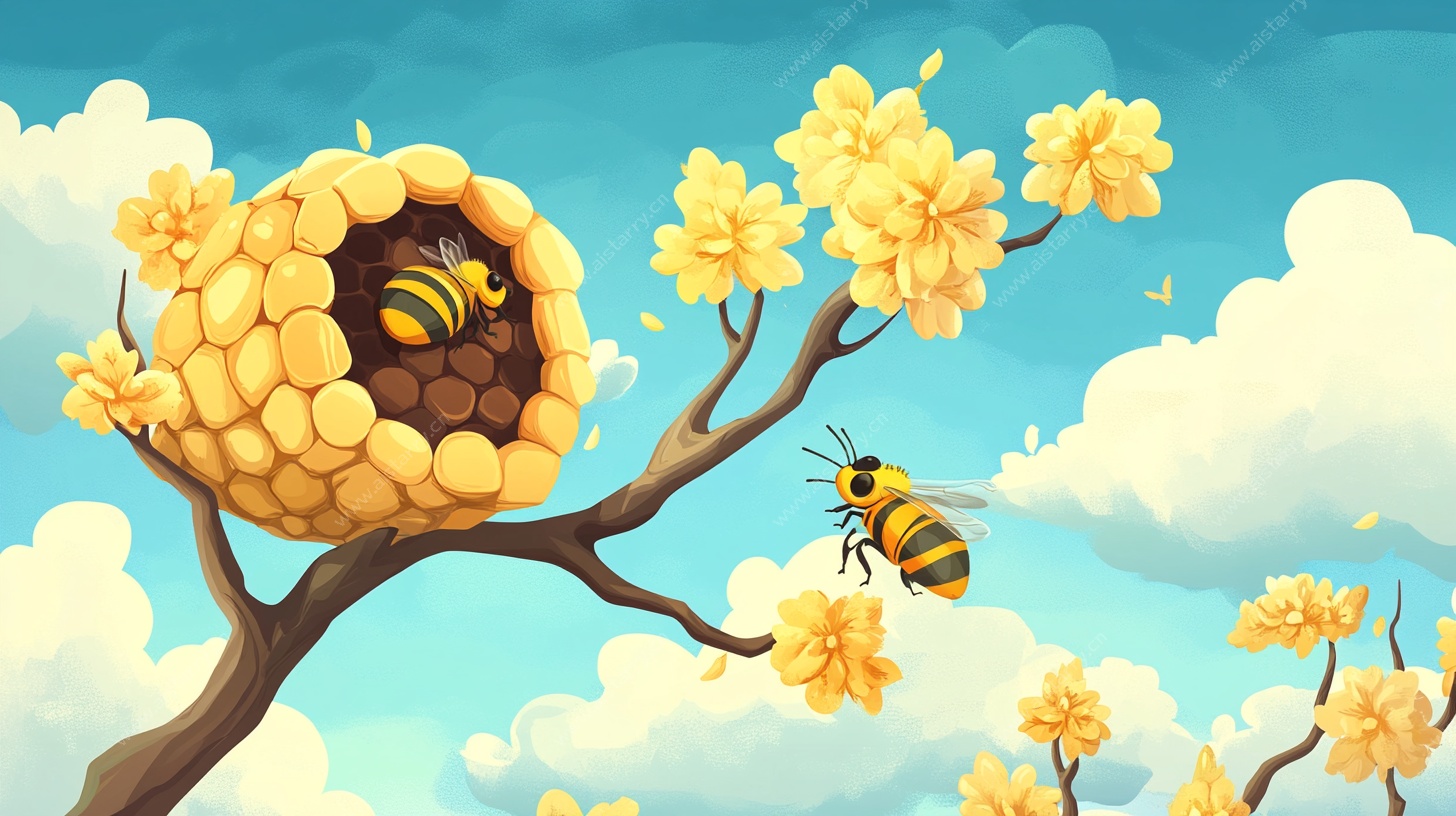 蜜蜂筑巢于繁花枝头景象