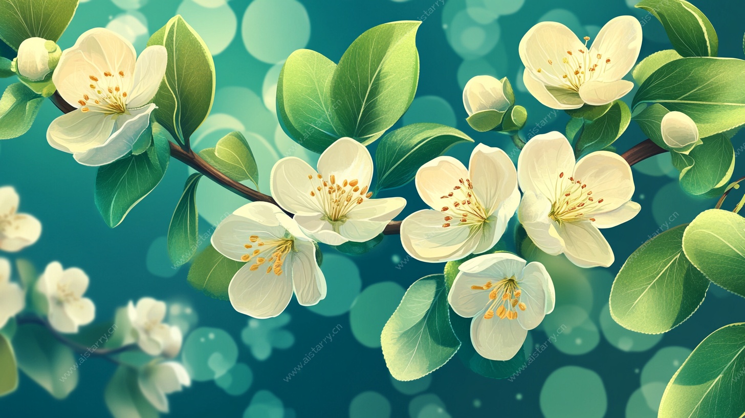 枝头绽放的清新白花朵