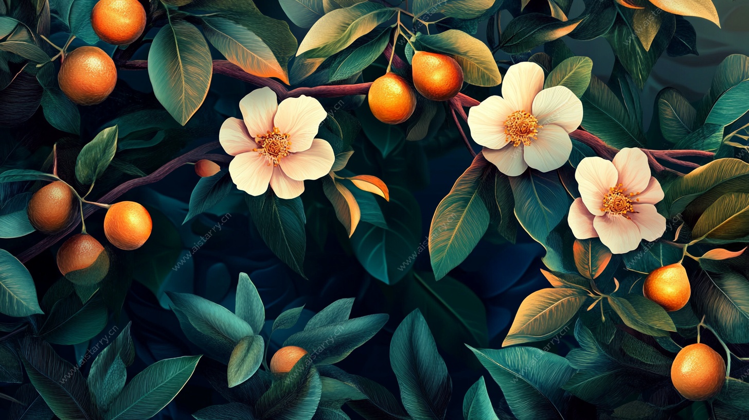 橘花绿叶果实插画作品