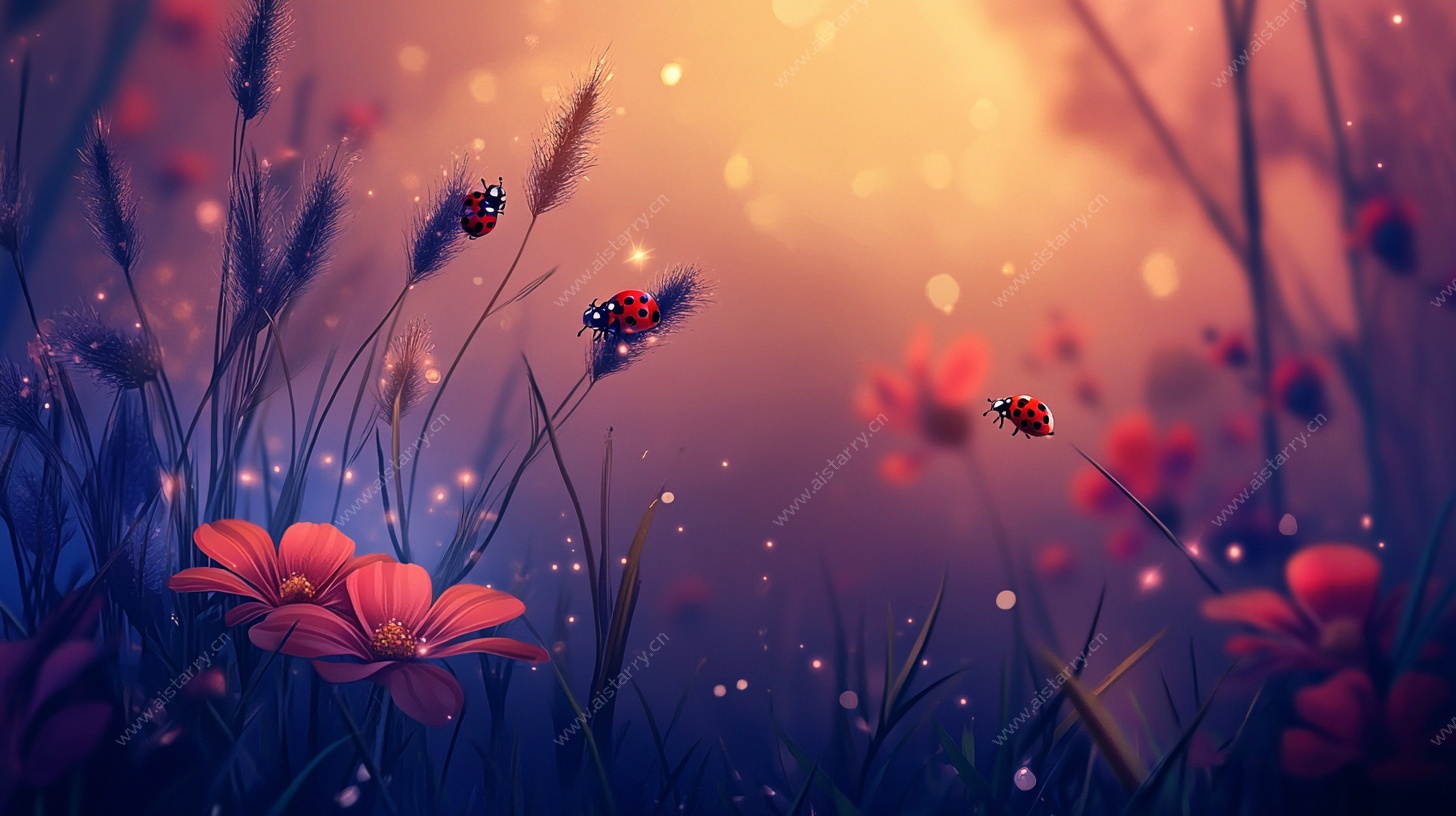 梦幻花丛中的瓢虫光影