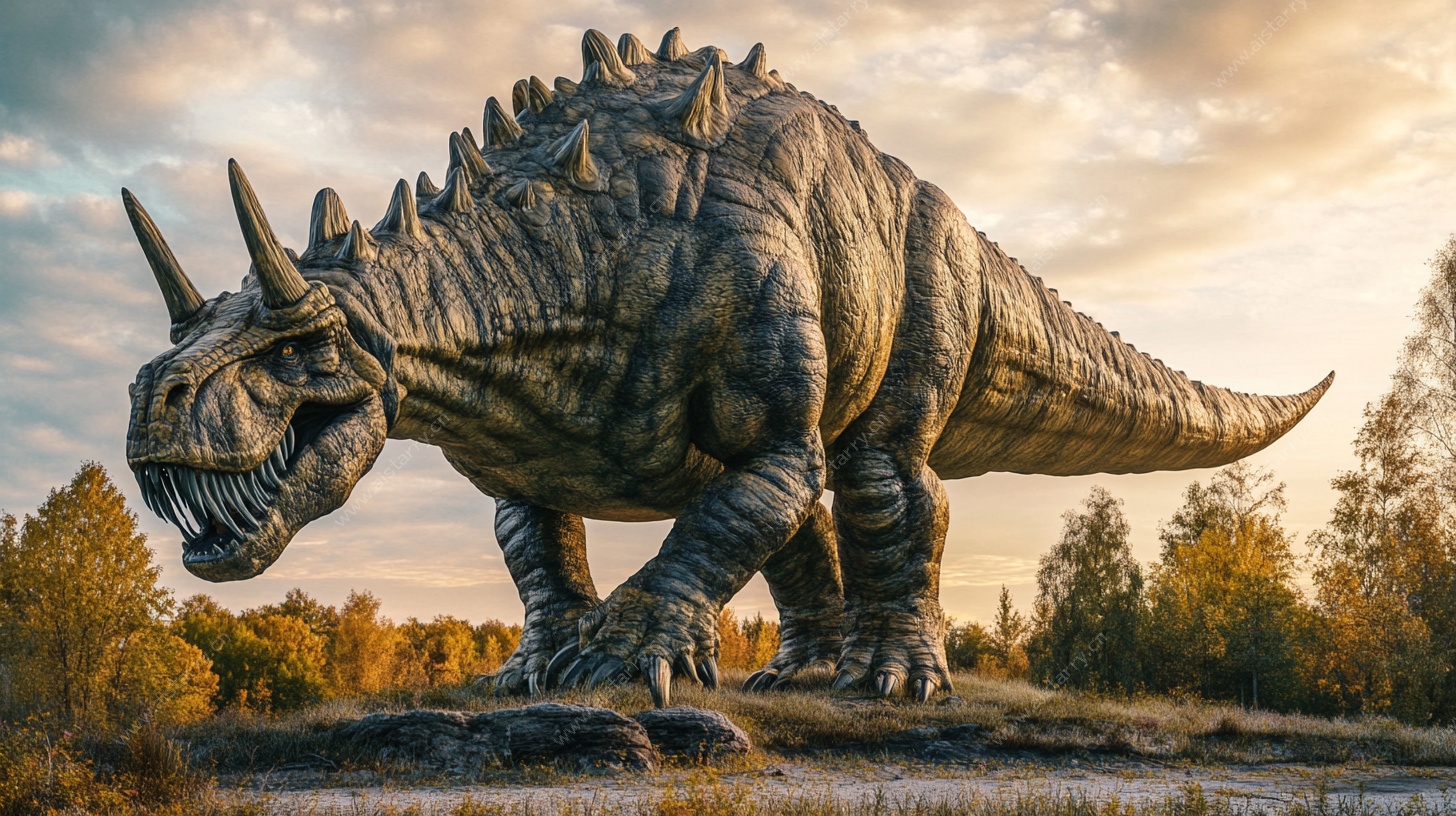 夕阳下的巨型恐龙雕塑