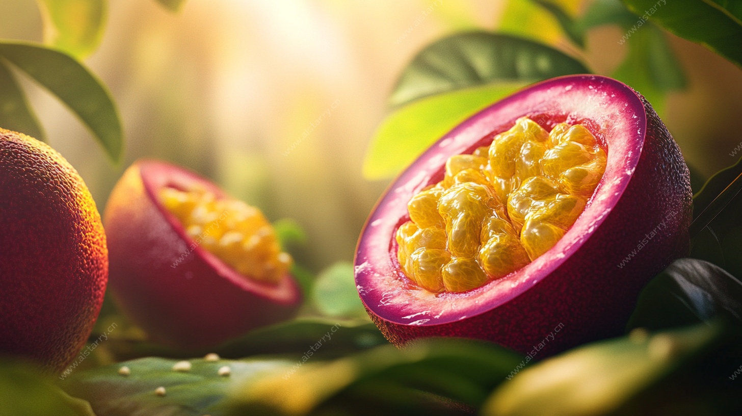 切开的百香果与绿叶背景