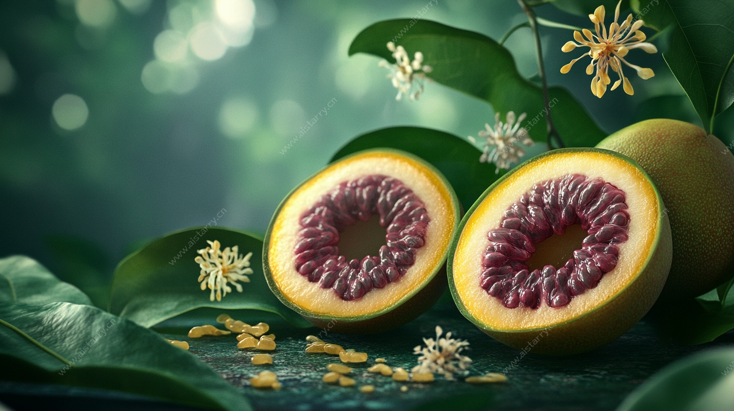 切开的百香果与绿叶花朵