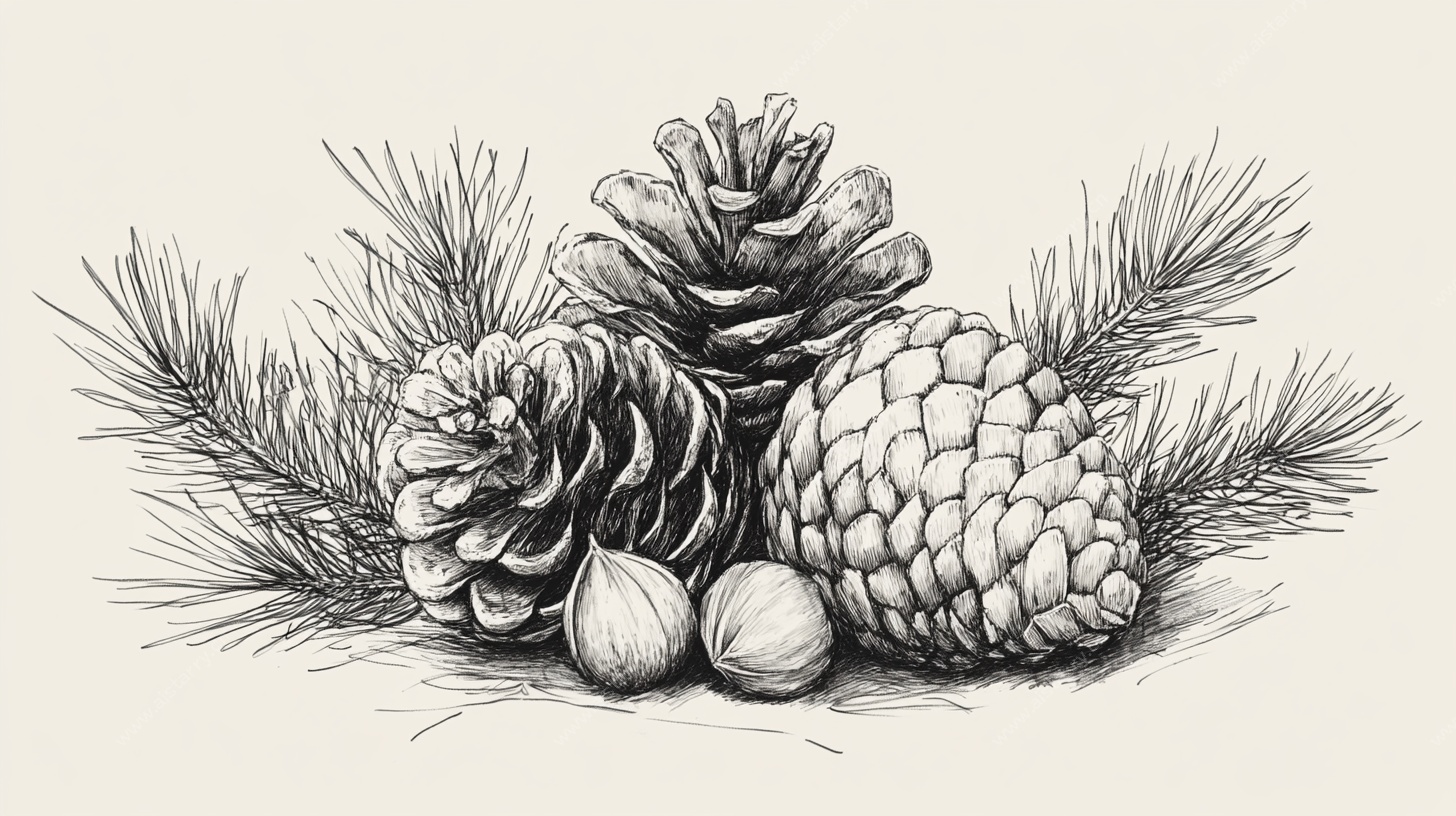 手绘松果松枝静物图