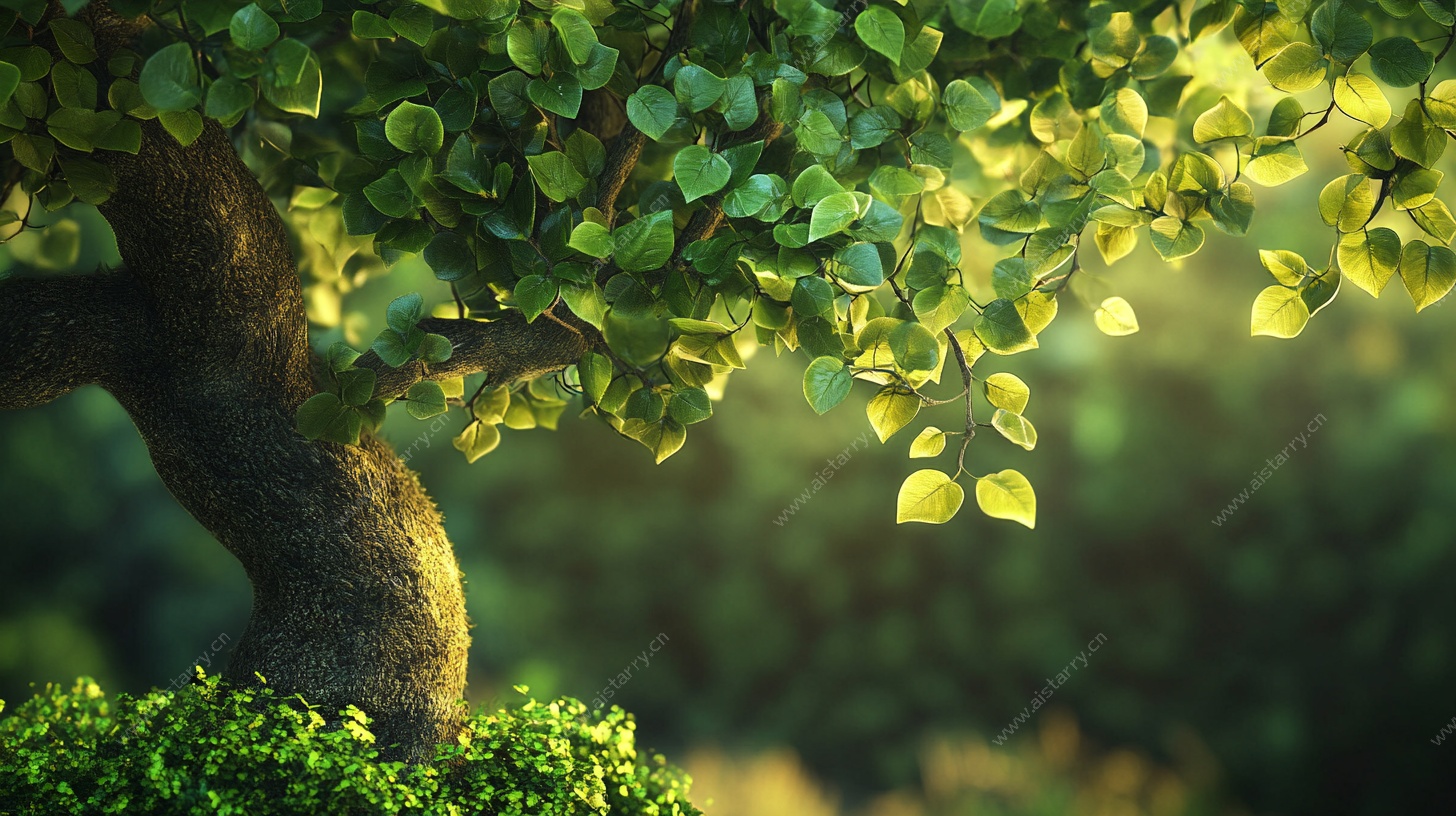 阳光洒落的绿意盎然之树
