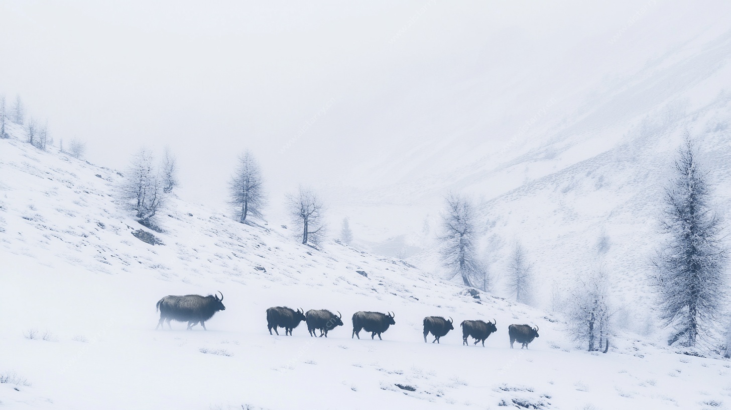 雪地牛群漫步山林间