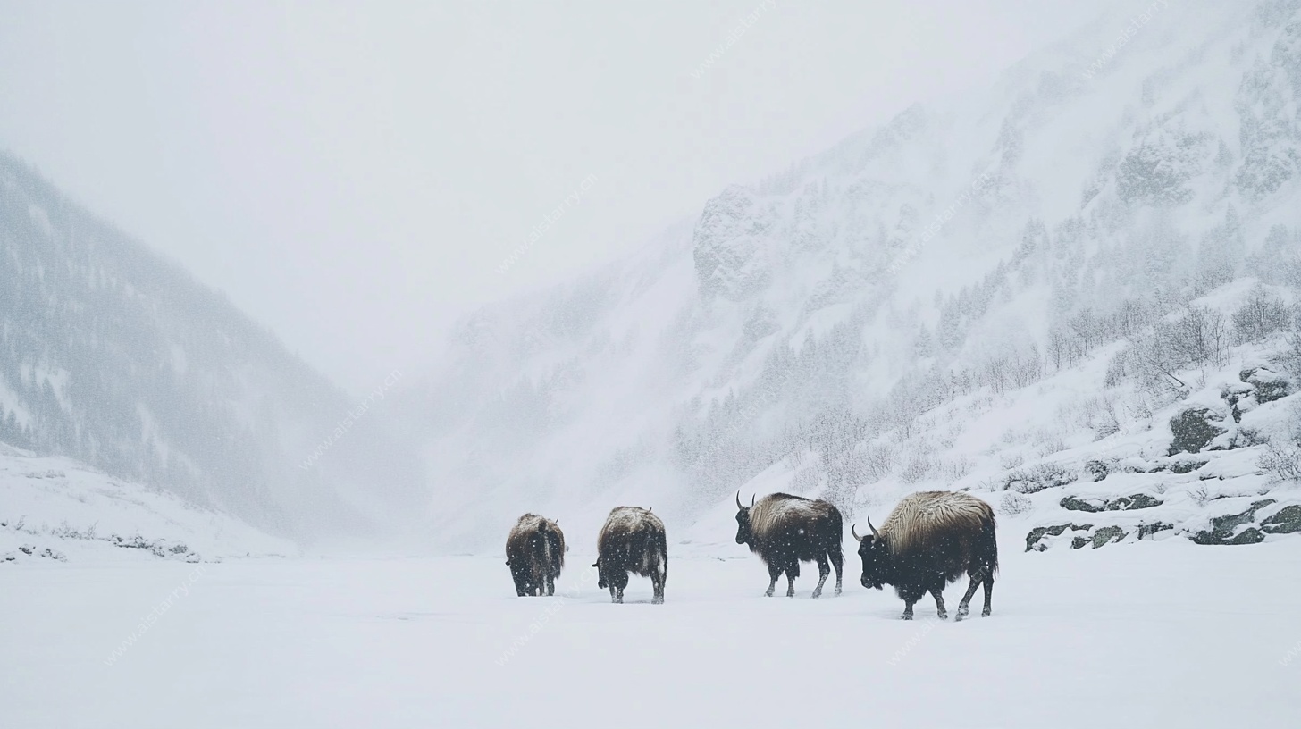 雪野牦牛群景