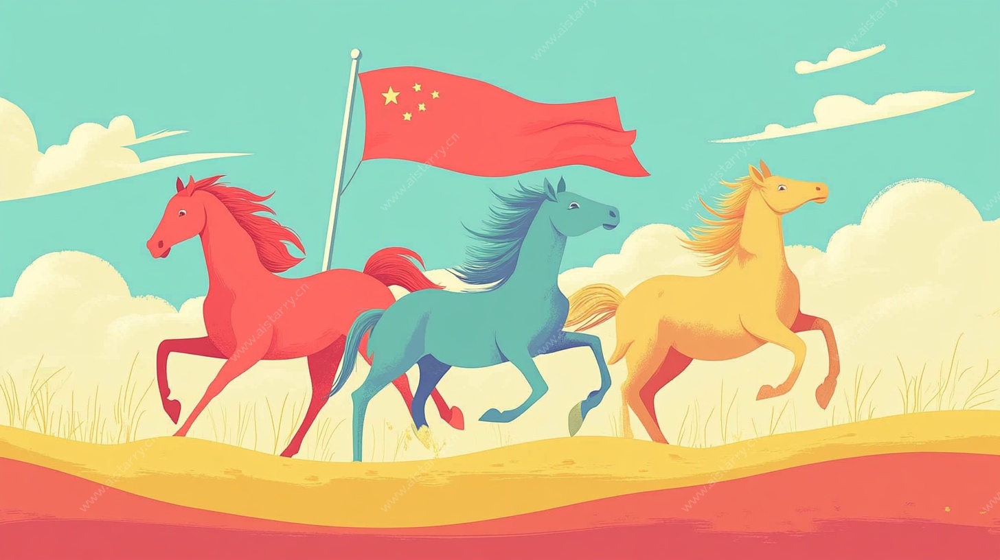 三骏奔腾扬国旗插画