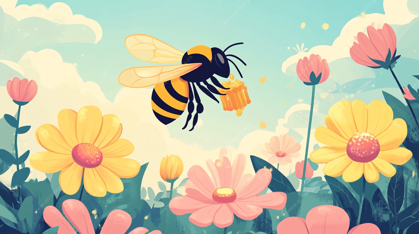 蜜蜂花间采蜜插画