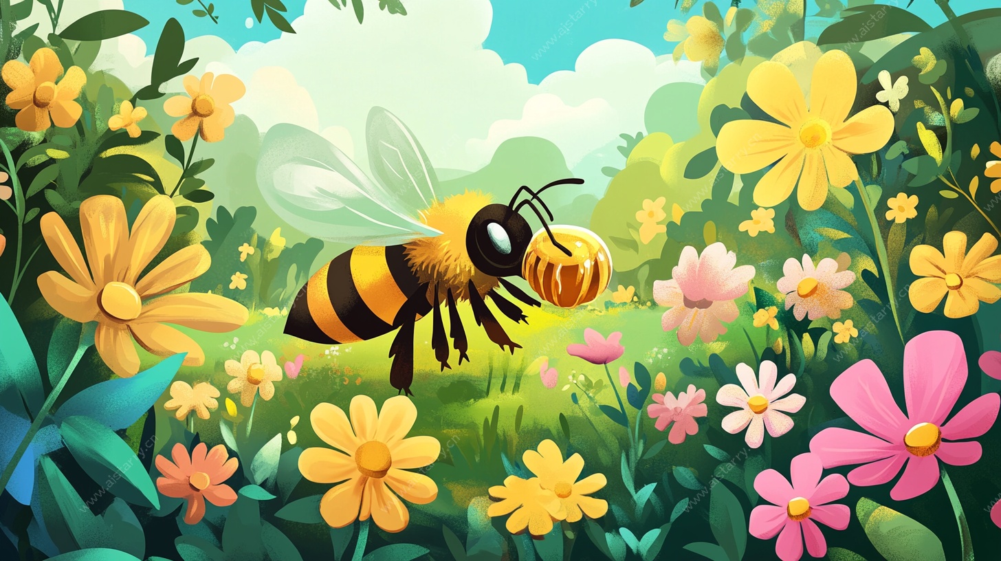 蜜蜂采蜜的缤纷花田世界