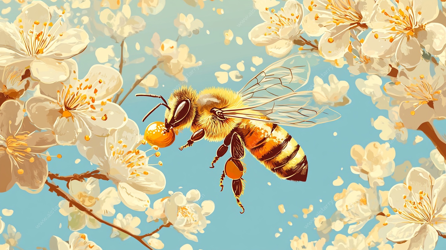 蜜蜂采蜜于烂漫花丛中