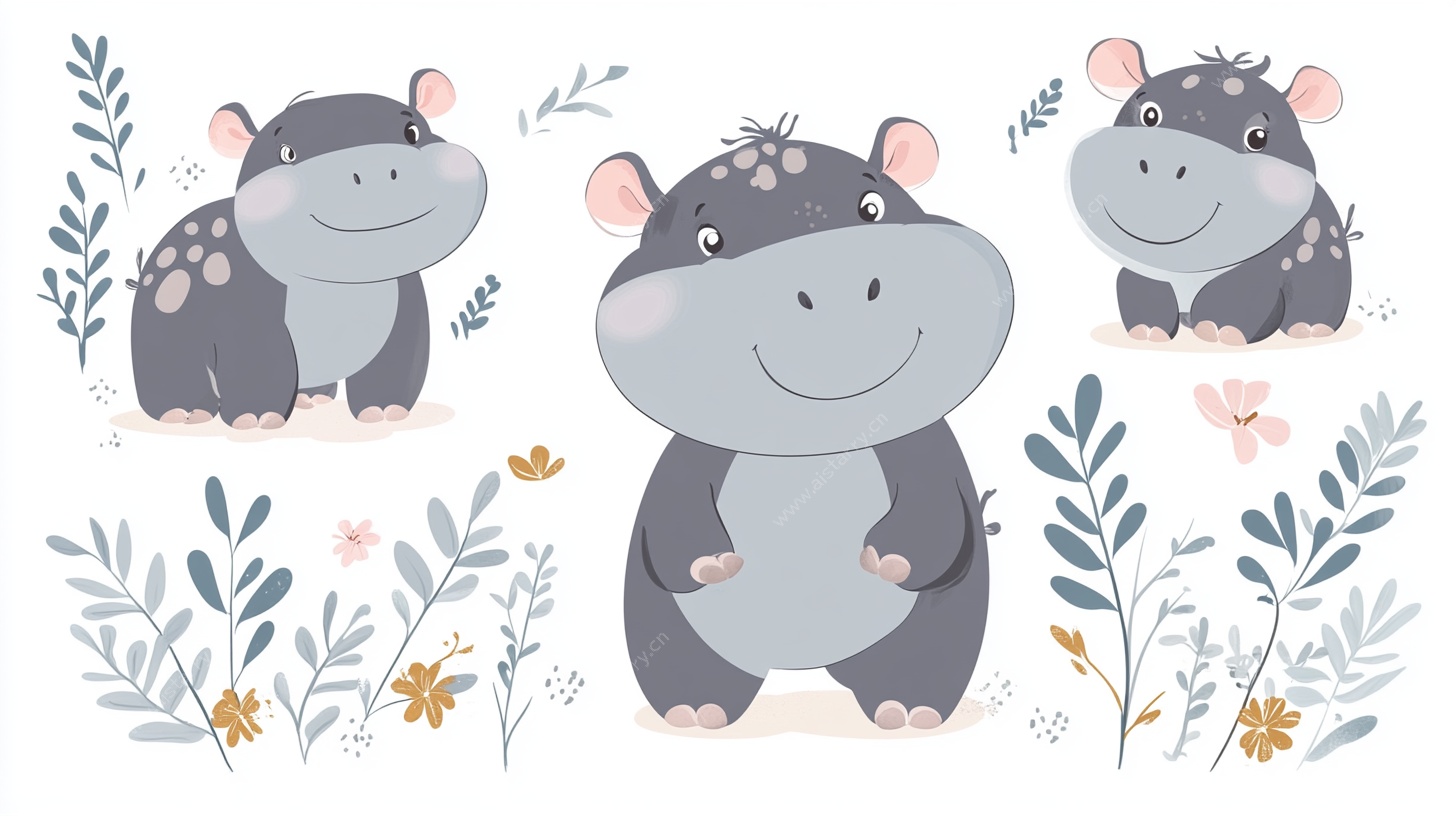 可爱河马与花草插画