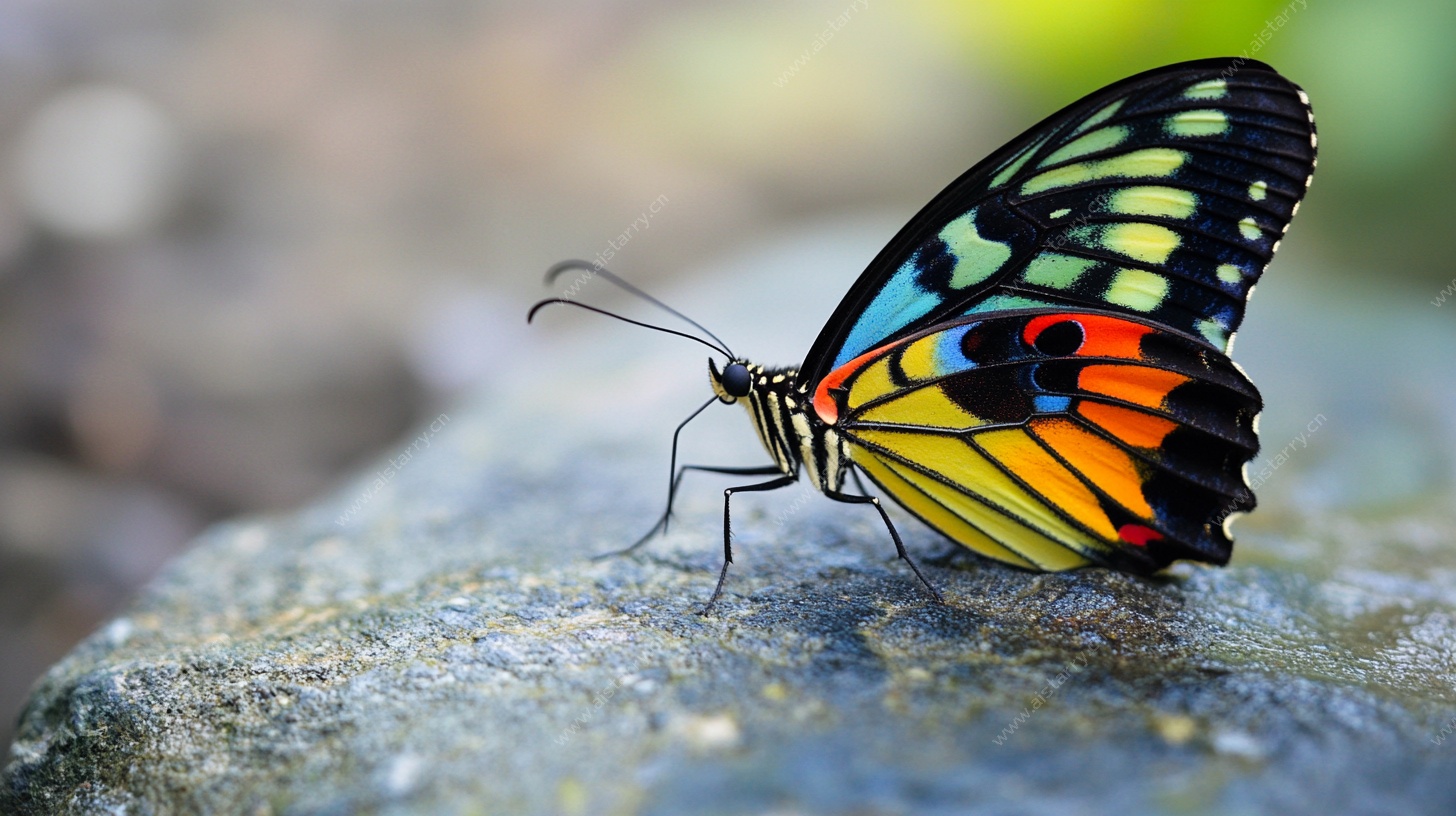 多彩蝴蝶栖息于石上