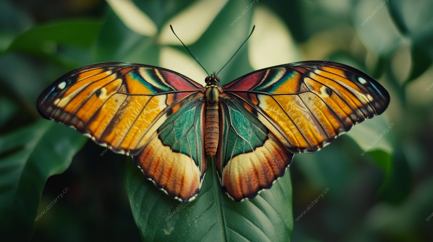 斑斓蝴蝶栖息绿叶间