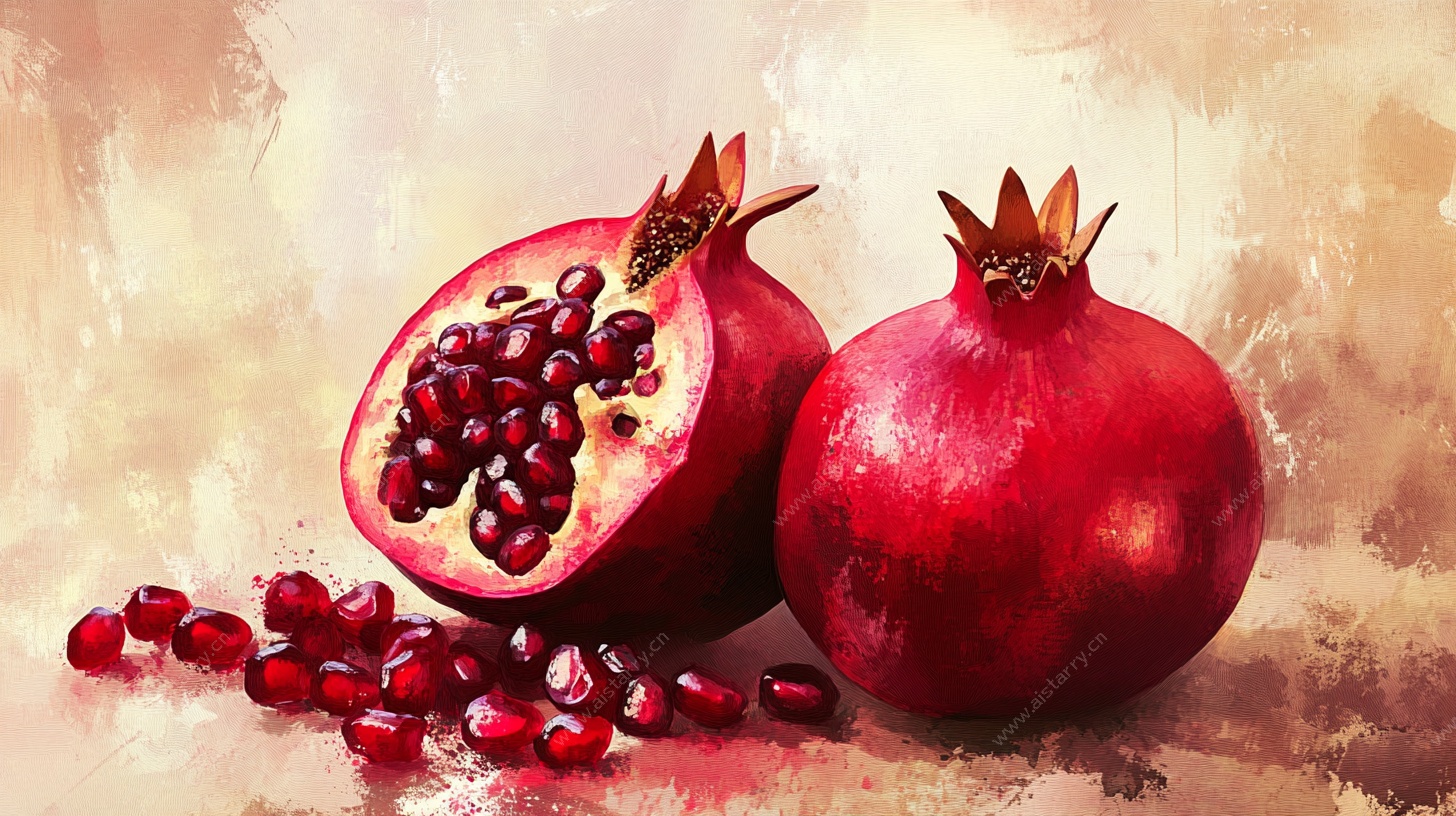 油画风红石榴静物图