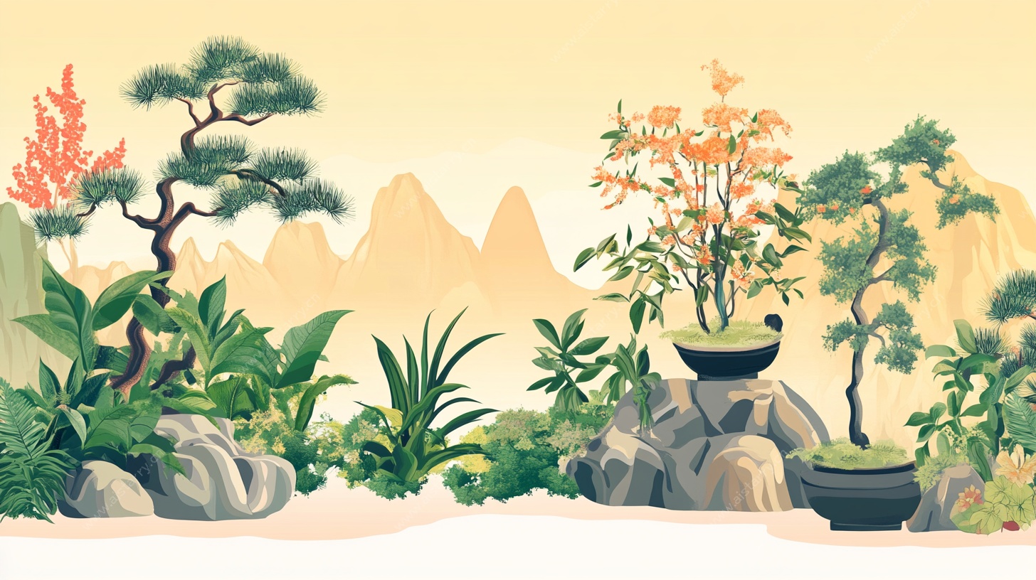 中式盆景山水景观插画