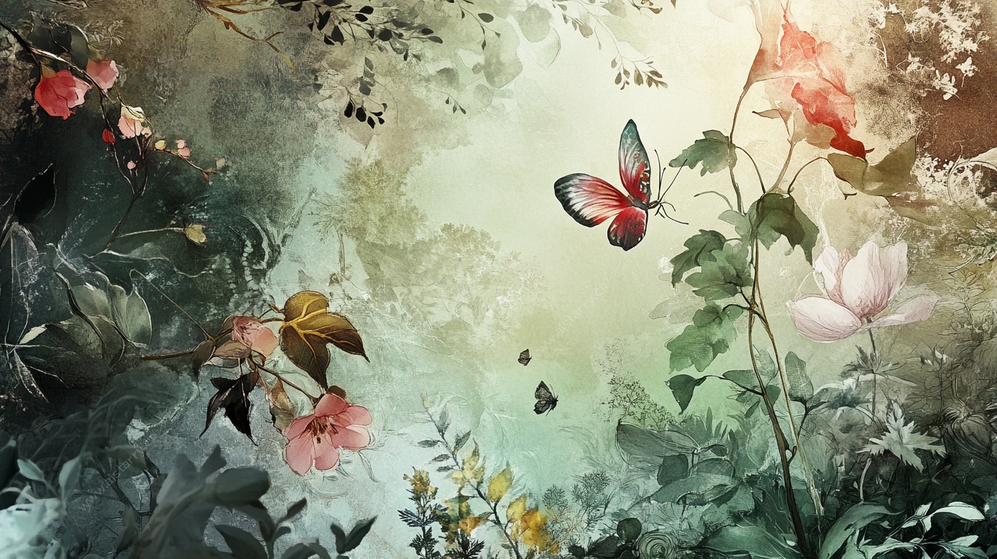 梦幻花卉蝴蝶插画场景