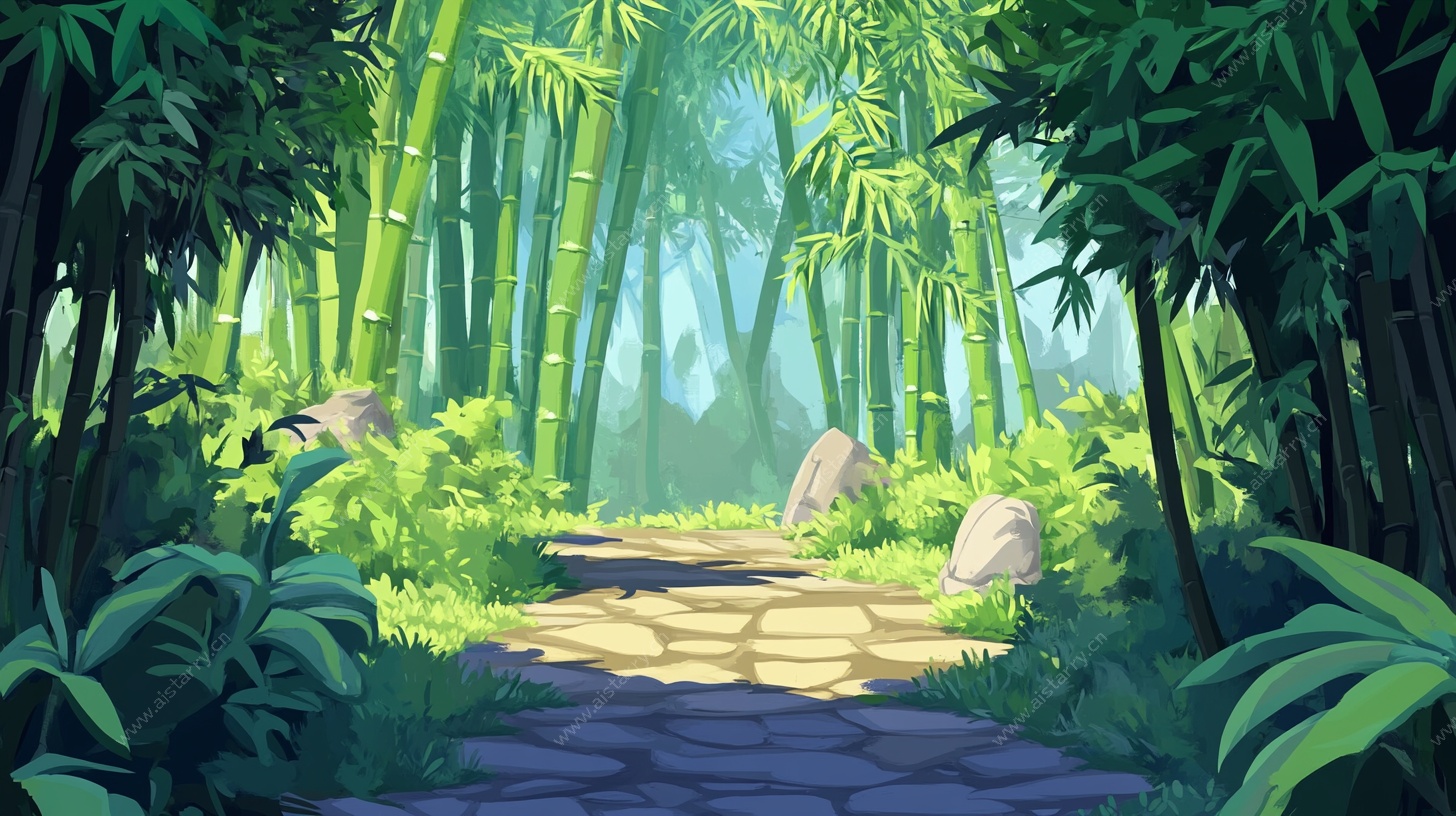 竹林小径的梦幻插画场景