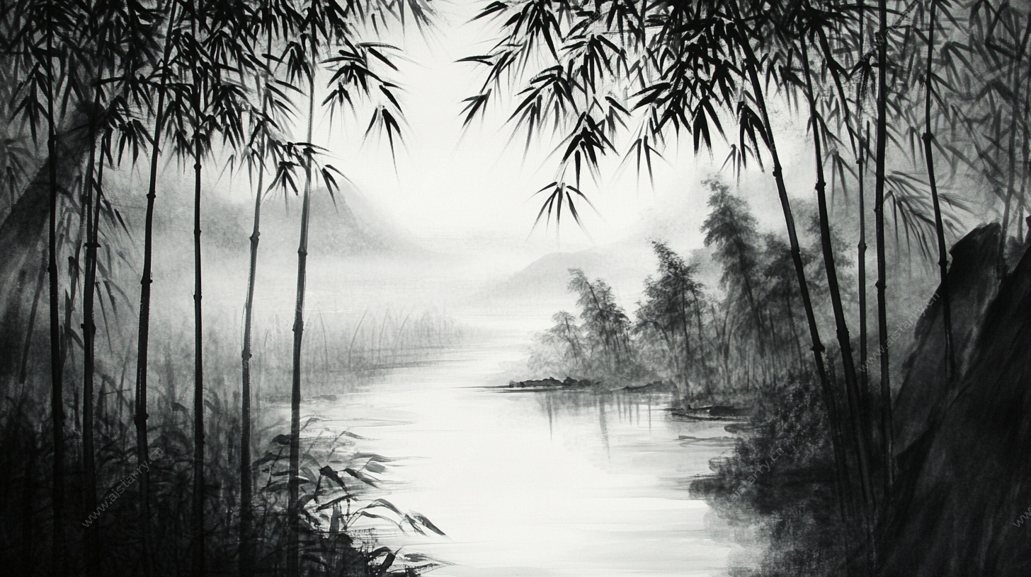 水墨竹林山水意境图