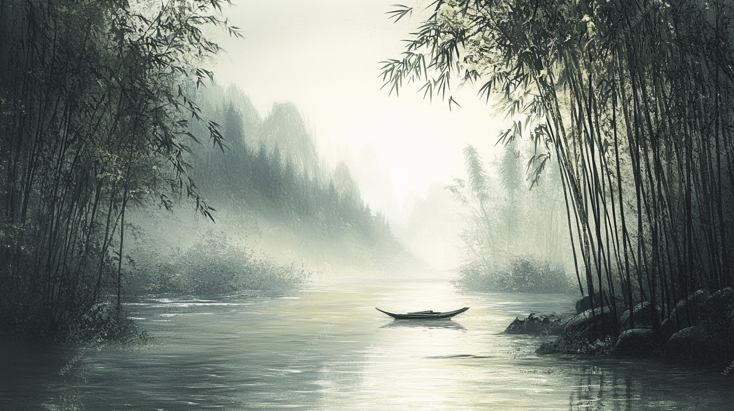 竹林轻舟水墨意境图