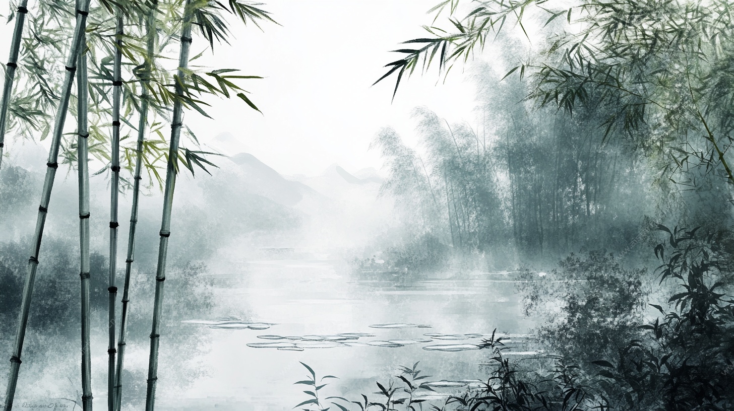 雾中竹林山水图