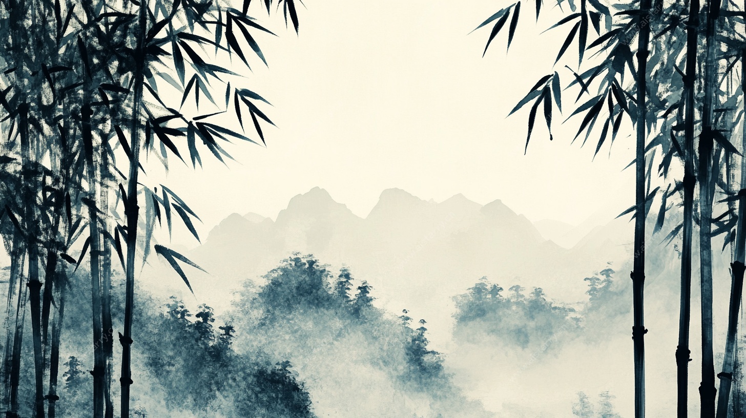 水墨竹林山水图