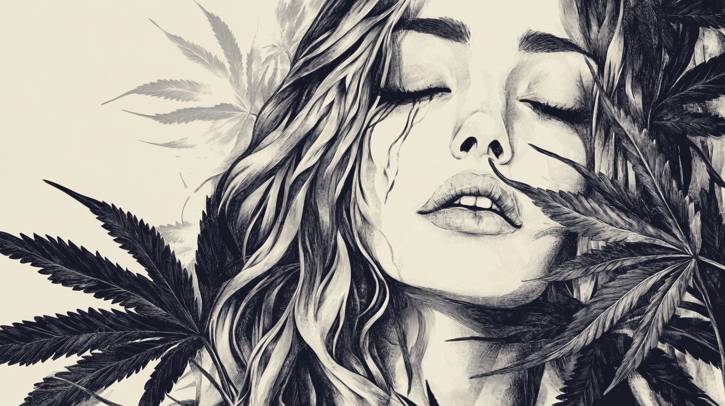 闭眼女子与大麻叶插画
