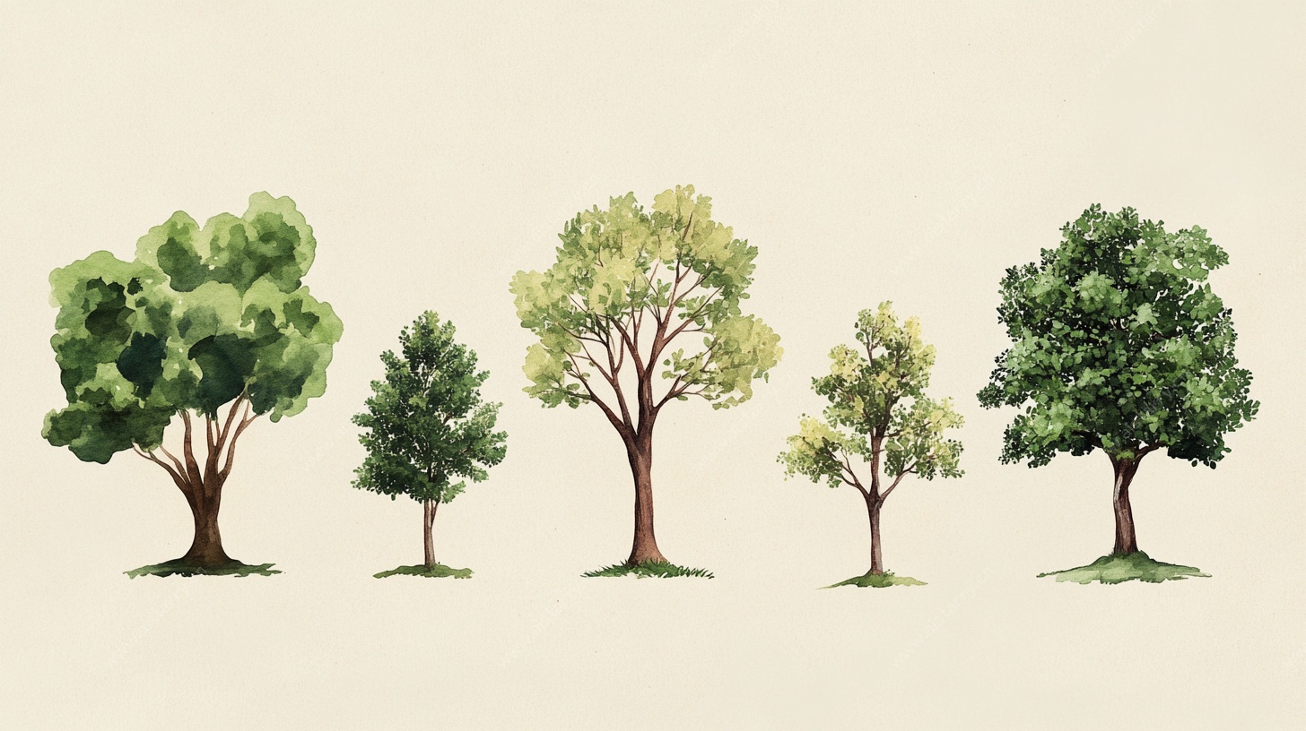 五棵树木的清新插画展示