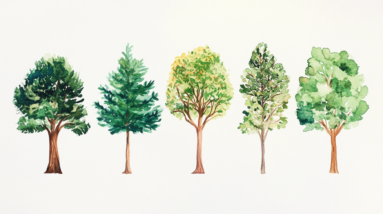 五棵水彩风格树木插画