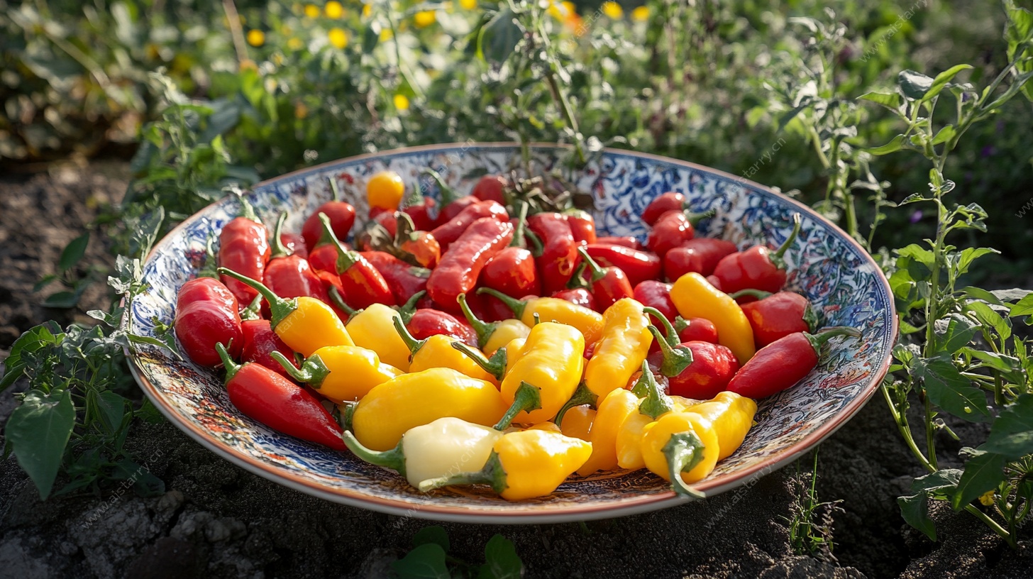 多彩辣椒盘置田园间