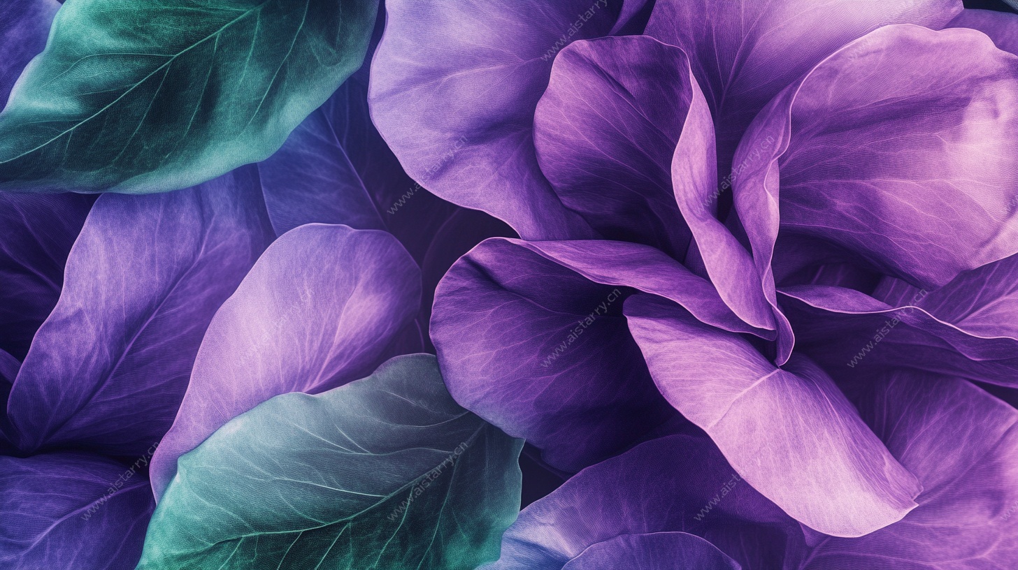 梦幻紫色花卉与绿叶特写