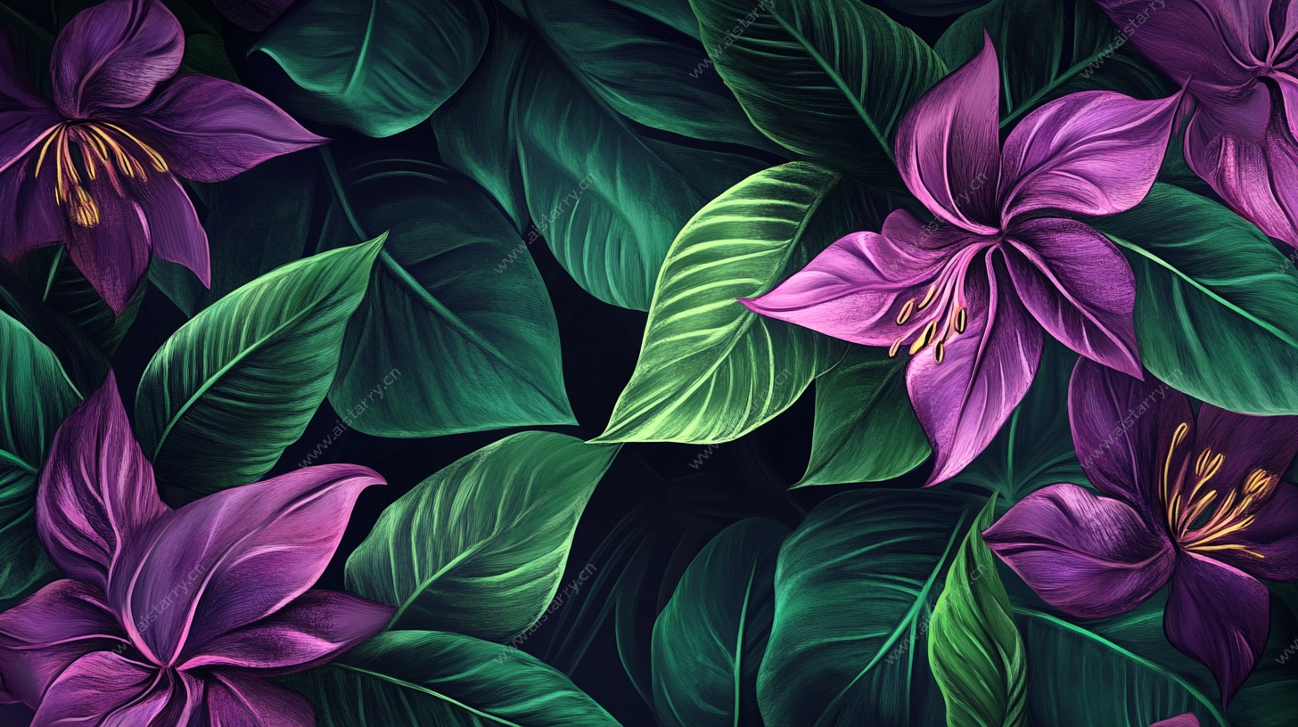 紫色花卉绿叶背景图案