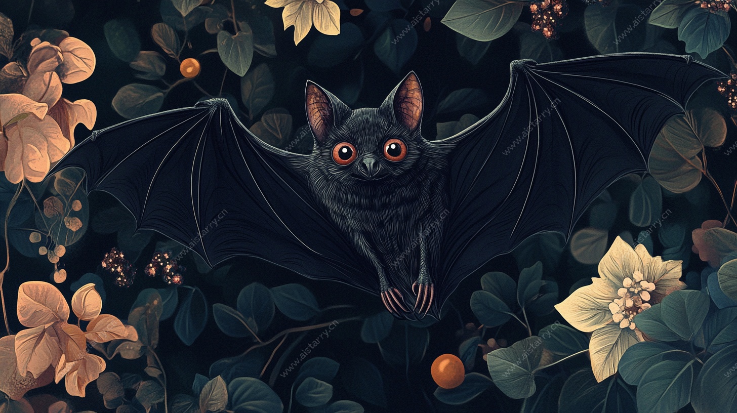 暗夜蝙蝠花丛间奇幻景象