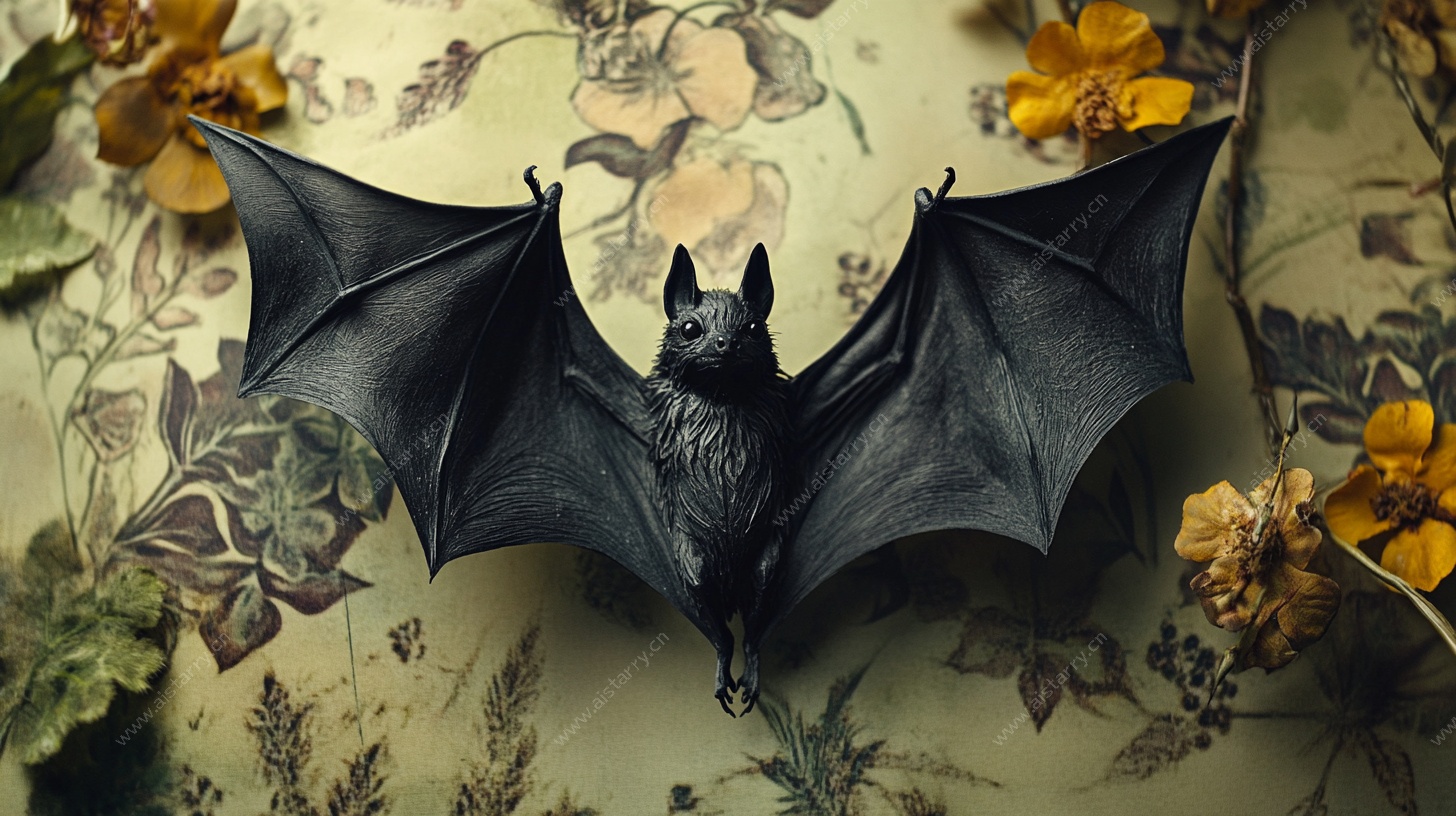蝙蝠雕塑置于花卉背景前