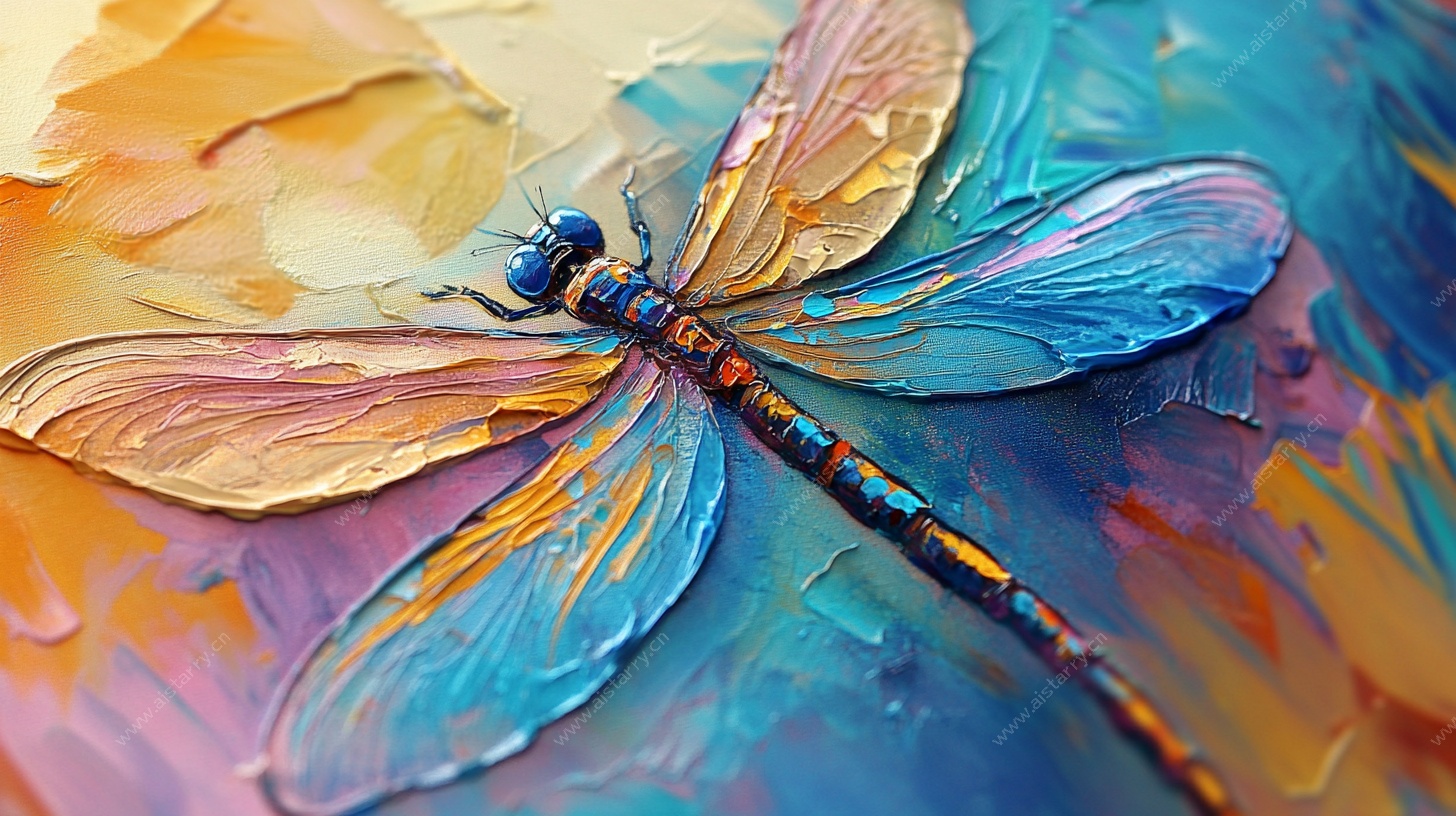 彩翼蜻蜓油画特写