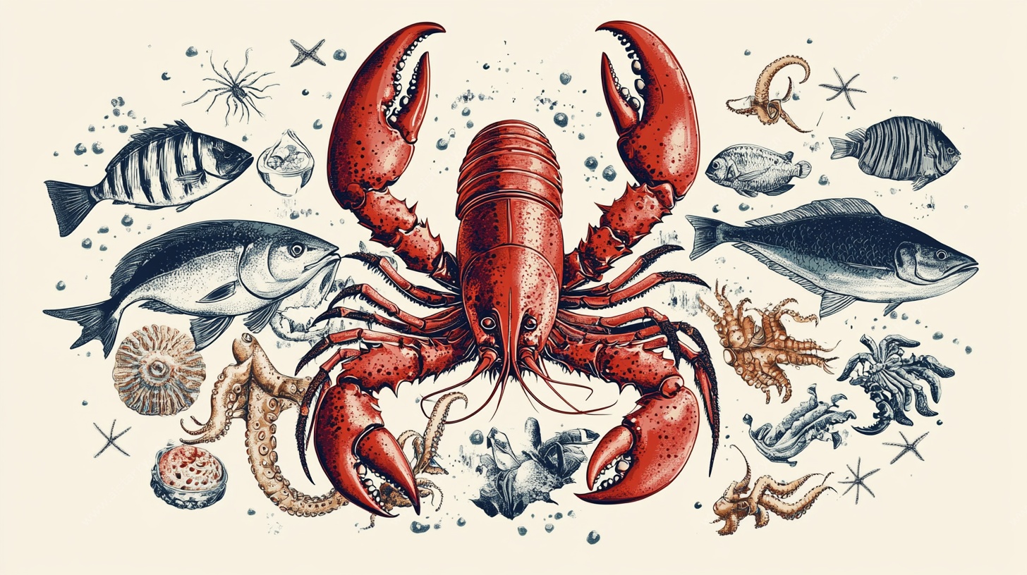 大龙虾与海洋生物插画