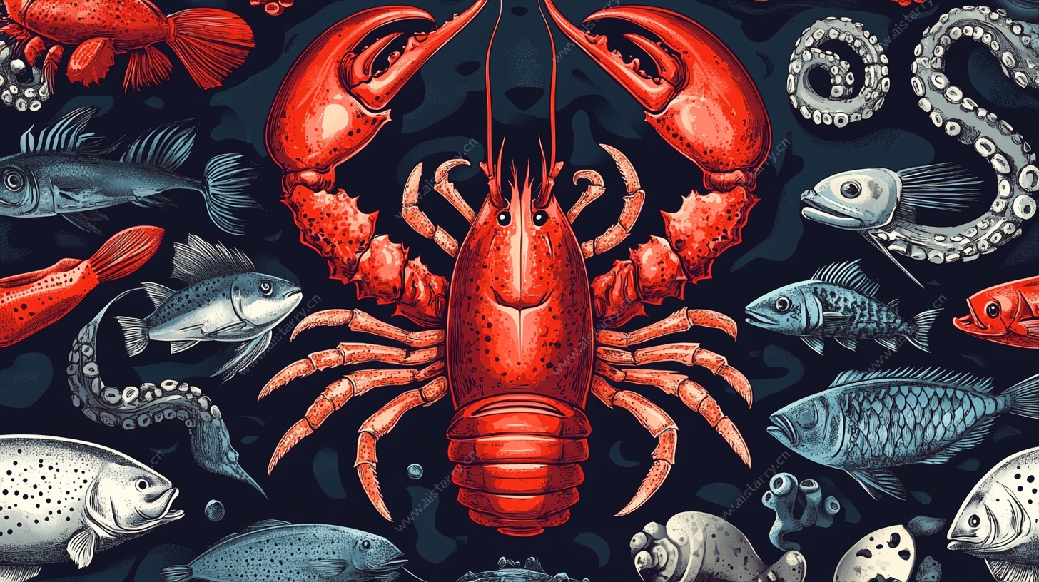 红色龙虾与多彩海洋鱼类图