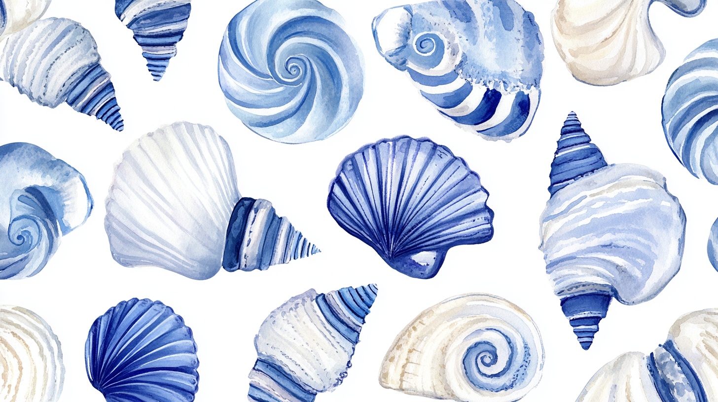 蓝白贝壳水彩无缝图案
