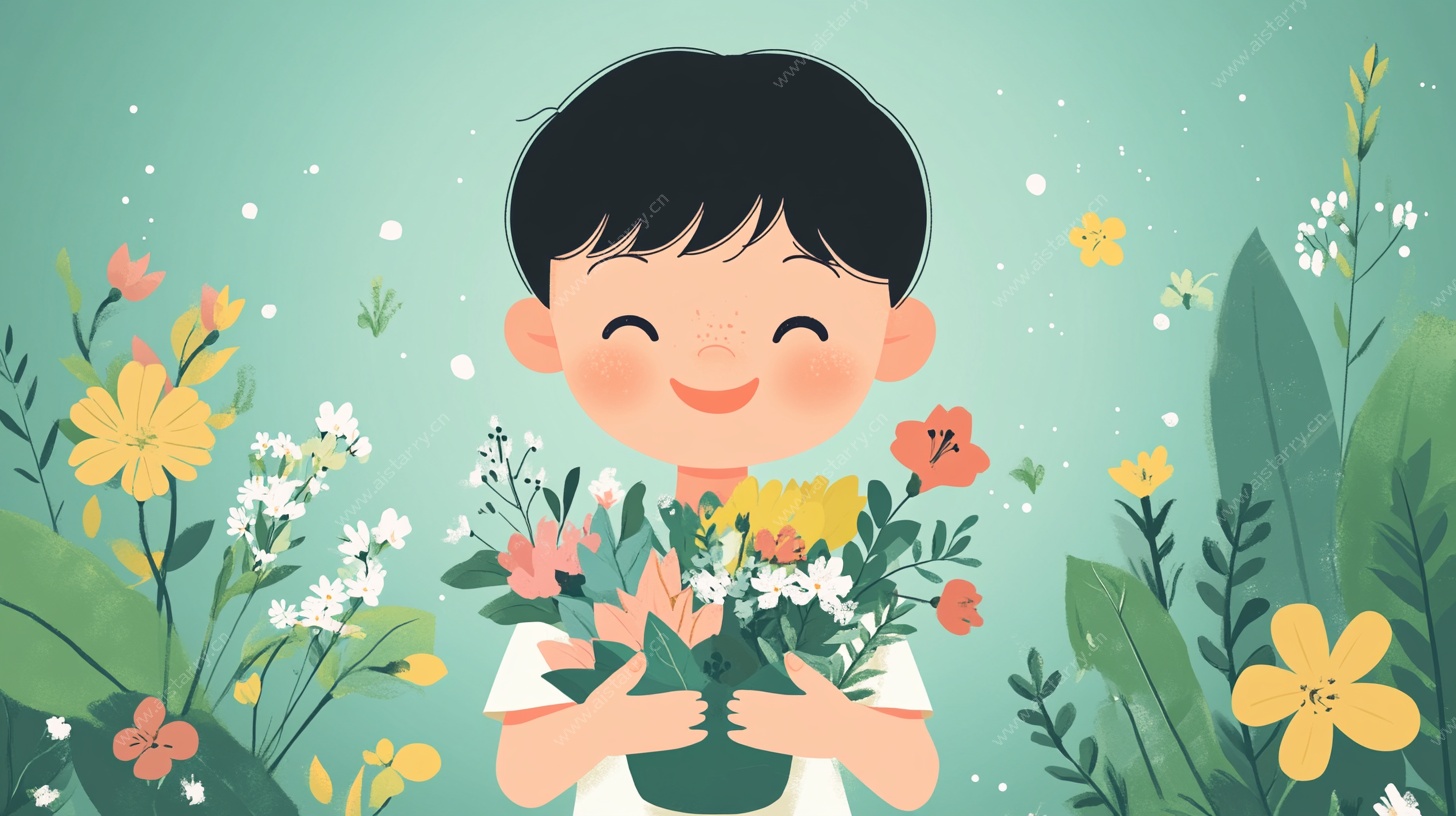 男孩捧花笑对春日繁花