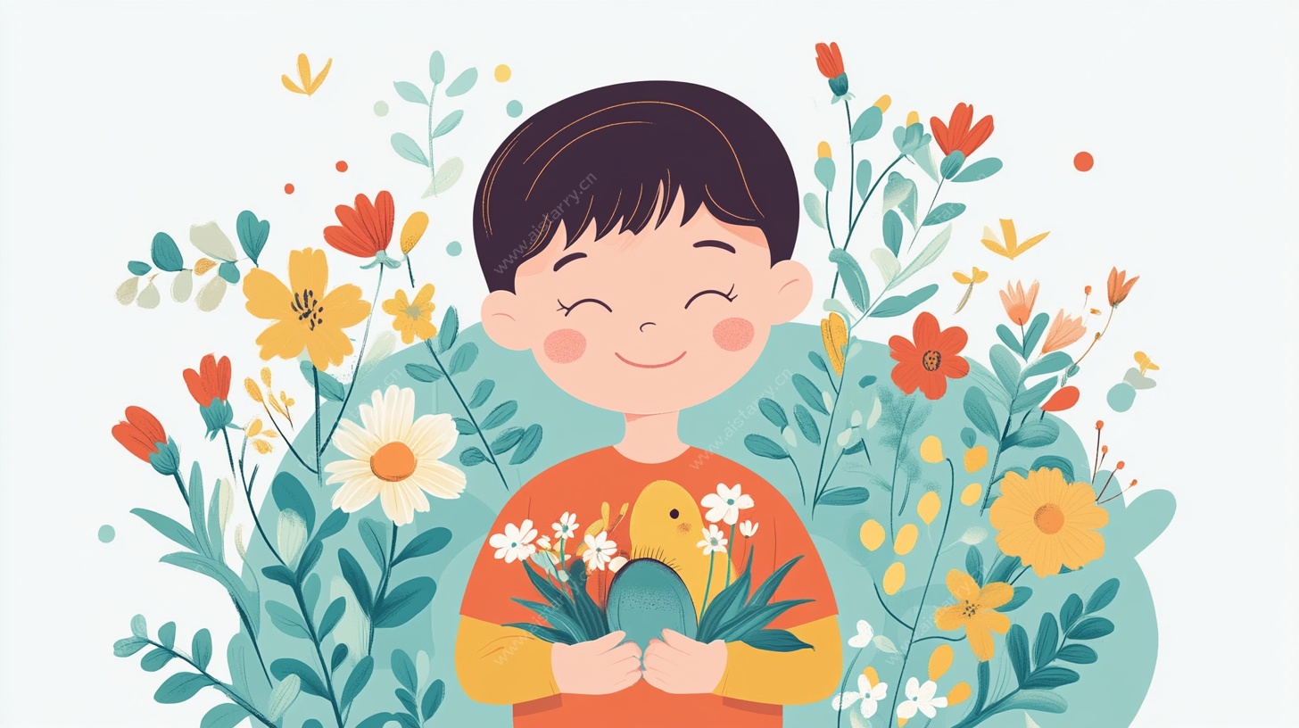 男孩与花中的可爱小鸟